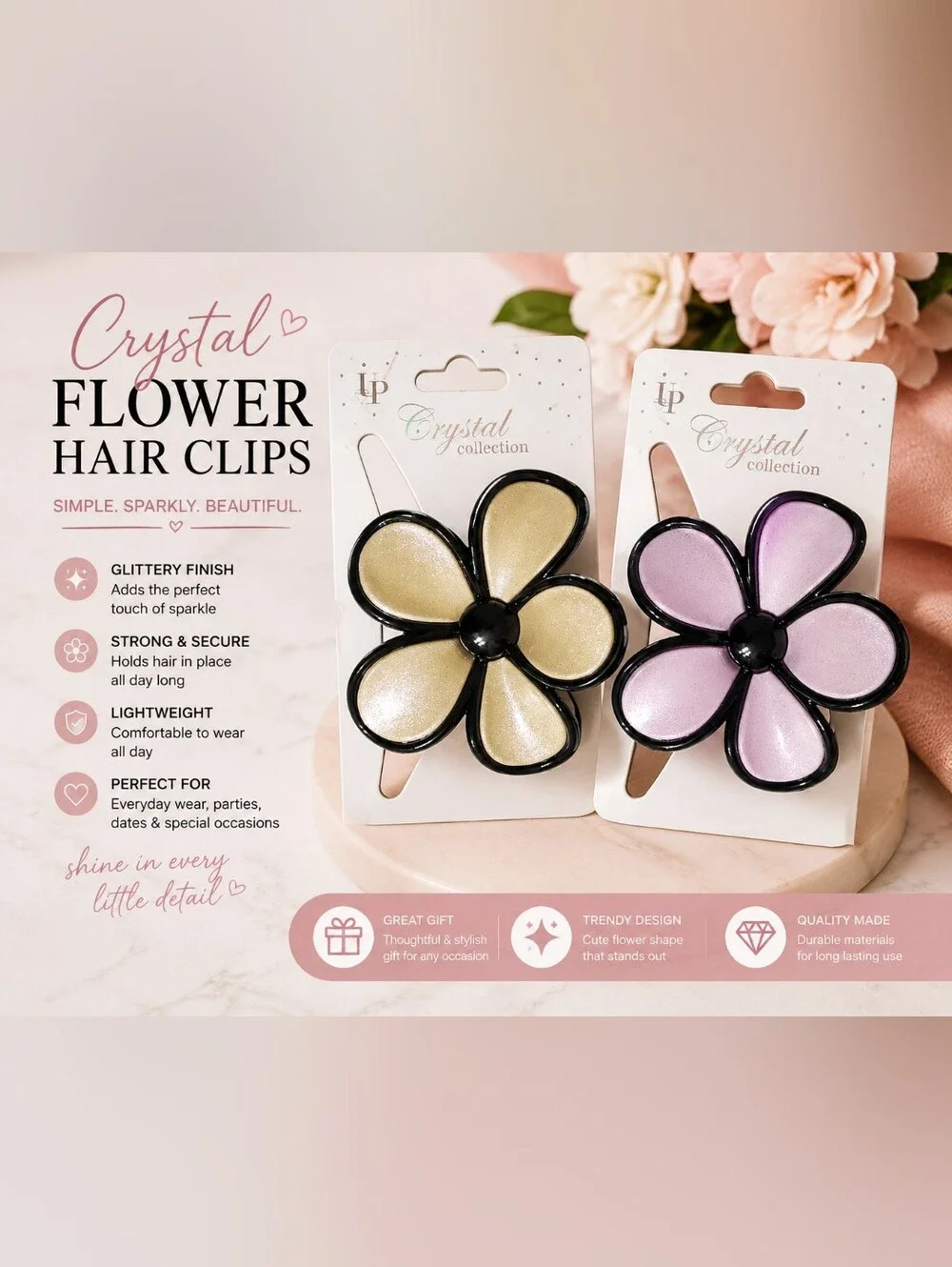 🌸 Crystal Sparkle Flower Hair Claw Clip – Purple or Champagne NWT